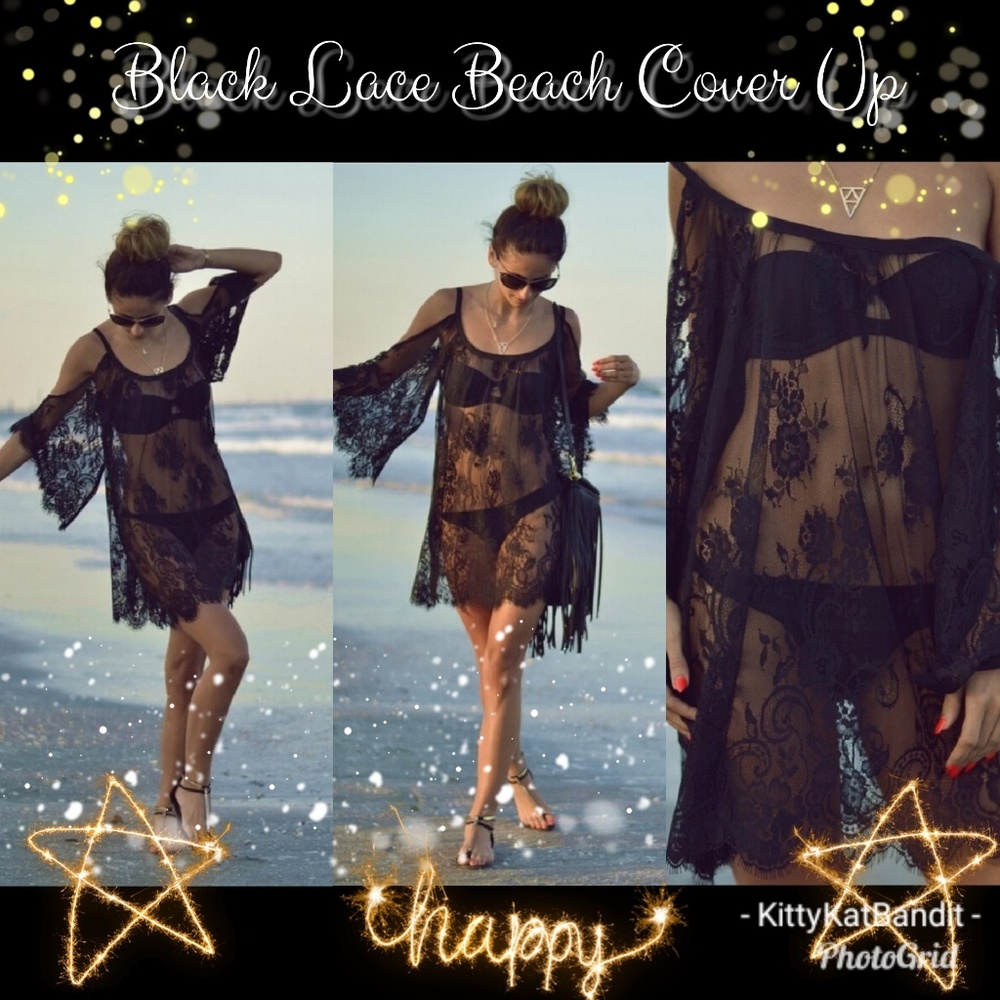 Cold Shoulder Lace Swim Cover Black